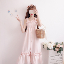 Sweet Chiffon Sleeveless Spaghetti Strap Girls Dress Ruffles Pink Apricot Lolita Empire Off Shoulder Woman Mid-calf Dress Butto 2024 - buy cheap