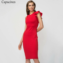 Sexy Passionate Red Summer Dress One-shoulder Ruffled Sheath Bodycon Pencil Dress Women Solid Sleeveless Knee-Length Party Dress 2024 - buy cheap