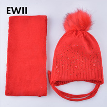 2018 Winter hat for children knitted caps scarf kids rhinestone beanie hats set girls thick warm ear caps gorro invierno 2024 - buy cheap