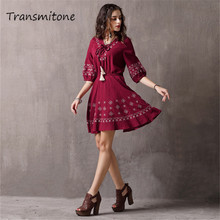 Wine Women Dress 2019 Vintage Spring New Cotton Vestidos V-Neck Half Sleeve Vintage Embroidery A-line Red Dresses Female 2024 - buy cheap