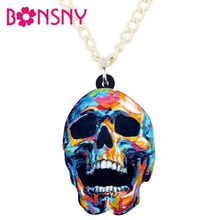 Bonsny Acrylic Halloween Colorful Skull Necklace Pendant Chain Fashion Punk Jewelry For Women Girls Ladies Teens Gift Accessory 2024 - buy cheap