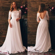 Fantastic Lace & Chiffon Bateau Neckline Floor-length A-line Wedding Dresses Sexy Backless with Sleeve Bridal Lace Dress 2024 - buy cheap