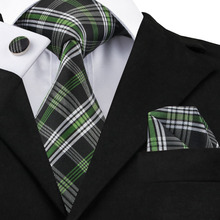 2016 Fashion 100% Silk Ties!White Black Yellowgreen Plaid Tie Hanky Cufflinks Ties for Men Formal Wedding Party Groom SN-906 2024 - buy cheap