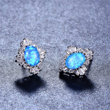 JUNXIN Boho Blue Fire Opal Stud Earrings For Women Silver Color Jewelry Oval Double Wedding Earrings 2024 - buy cheap