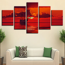 Living Room Decor Wall Art Quadro HD Impresso 5 peças Navio Nuvem E Céu Vermelho do Sol Seascape Pinturas Da Lona Modular imagem cartaz 2024 - compre barato