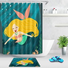 Funny Cute Yellow Long Hair Mermaid Green Pink Shower Curtain 12 Hooks Sets Kids Bathroom mat Waterproof Polyester Fabric Cloth 2024 - buy cheap