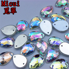 Micui 100 шт. 10*14 мм AB Хрустальные акриловые стразы, бусины, Кристальные камни, плоские сзади, швейные пуговицы для шитья на 2 отверстия MC5 2024 - купить недорого