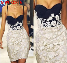 2019 sexy cintas de espaguete querida renda vestidos de cocktail applique curto vestidos de baile contraste cor design árabe vestido de festa 2024 - compre barato