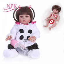 straight hair 48CM bebe doll reborn toddler doll girl  in panda dress  full body soft silicone realistic flexible baby bath toy 2024 - buy cheap