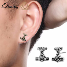 QIMING Ethnic Men's Earrings For Women Thor Hammer Vintage Viking Jewelry Antique Stud Earrings Male Men Boyfriend Gift 2024 - buy cheap