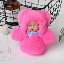 New Cute Sleeping Baby Doll Key Chain Real Rex Rabbit Fur Keychain Fluffy Pom Pom Keyring Bag Car Trinket Women Gift  11cm 2024 - buy cheap