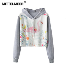 Mittelmeer 2019 harajuku com capuz moletom outono primavera mulher meninas estudante dos desenhos animados flamingo unicórnio impressão curto hoodies 2024 - compre barato