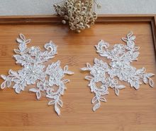 Ivory Alencon Lace Applique Beaded Sequined Patch For Wedding Supplies Bridal Hair Flower Headpiece 1 pair 2024 - buy cheap