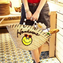 2022 Summer Smlie Shopping Bag Handmade Beach Bag Weave Top-handle Handbags Ladies Round Straw Bag Moon Shaped Wrapped Bag Bolsa 2024 - buy cheap