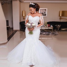 Luxury Heavy Beading Mermaid Wedding Dress Long Sleeve Appliques Pearls African Wedding Gowns Plus Size Vestido de noiva 2019 2024 - buy cheap