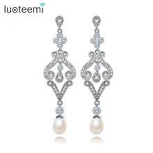 LUOTEEMI New Statement  Long Drop Earrings White Gold-Color Clear Cubic Zircon Crystal Natural Pearl Pendant Brincos for Women 2024 - buy cheap