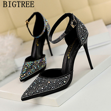 Bigtree sapatos de salto alto femininos, sapatos de casamento com strass, salto alto de fetiches, mary jane, mulheres, bico ponteagudo, sapatos de salto alto 2024 - compre barato