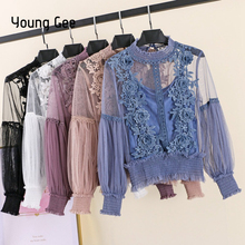 Young Gee 2019 Spring Autumn Women Tops Fashion Sexy Sheer Lace Blouse Lantern Sleeve Floral Shirt Elegant Top blusas femininas 2024 - buy cheap