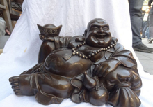 fast shipping USPS to USA S1627 17" Chinese Bronze YuanBao Gourd Happy Laugh Maitreya Buddha On Money Bag Statue 2024 - buy cheap