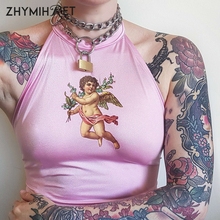 ZHYMIHRET Kwaii Anjo Impressão Topos de Culturas Halter Mulheres Rosa Backless Camis Tanque Feminino Verão Festa Top Bralette Top Verão 2024 - compre barato