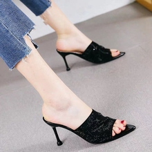 Peep Toe thin high heels slippers woman fashion european sexy zapatos mujer pointed crystal mules femme stilettos slip on slides 2024 - buy cheap