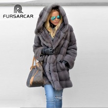 FURSARCAR-abrigo de piel auténtica de visón para mujer, abrigo clásico de piel auténtica con capucha, Chaqueta de piel de visón de lujo, Color gris 2024 - compra barato