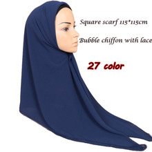 Newest Square Scarf Bubble Chiffon With Lace Shawls Hijab Headband Wrap Fashion Muslim 27 Colors 115*115cm 10pcs/Lot Wholesale 2024 - buy cheap