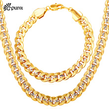 Two-Tone Gold Necklace Bracelet Mens Jewelry Wholesale 9MM Chain & Link Bracelet Necklace Hiphop Sets Scrub Chain Gift S1949G 2024 - buy cheap