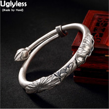 Uglyless China Chic Push-pull Adjustable Bracelets for Women Thai Silver Lotus Leaf Bangles Real 99% Full Silver Fine Jewelry 2024 - buy cheap