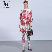 LD LINDA DELLA 2021 Summer Fashion Runway Pants Suit Sets Women's Appliques Floral Print Long Pants Suit Two-Pieces Set 2024 - buy cheap