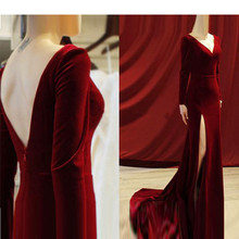 Burgundy Muslim Evening Dresses Mermaid V-neck Long Sleeves Velvet Islamic Dubai Saudi Arabic Long Elegant Evening Gown 2024 - buy cheap