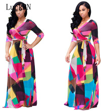 Plus size S-5XL Elegant Women Robe Summer autumn Printed Maxi Dress Fashion Sexy Boho Dress Tighten Waist Long Dresses Vestidos 2024 - buy cheap