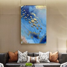 Pintura al óleo sobre lienzo abstracta, pintura acrílica de Arte de pared para sala de estar, decoración de Caudros para el hogar, pez dorado y azul 2024 - compra barato