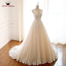 Elegante a linha com decote em v rendas miçangas lantejoulas longo formal simples vestido de casamento foto real rp04 2024 - compre barato