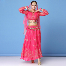 Женская танцевальная одежда сари представление индийская одежда Болливуд набор костюма для танца живота (топ + пояс + юбка + вуаль + головной убор) 2024 - купить недорого