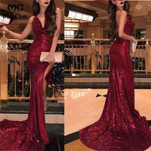 2019 Shiny Sequined Burgundy Evening Dresses Long V-Neck Side Slit Women Evening Dresses long Custom Made 2024 - buy cheap