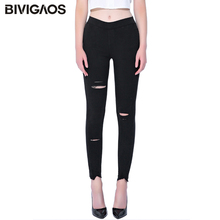 BIVIGAOS-pantalones vaqueros rasgados con lavado de arena para mujer, mallas negras, Jeggings ajustados con bolsillos y agujeros en la rodilla, pitillo, primavera y otoño 2024 - compra barato