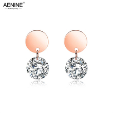 AENINE Titanium Steel Rose Gold Color Stud Earrings For Women Geometric Circular Cubic Zirconia Earrings Jewelry Brincos AE19154 2024 - buy cheap