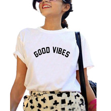 Camiseta divertida de Good Vibes para mujer, blusa holgada de Cuello redondo en blanco y negro, camiseta informal de verano para mujer 2024 - compra barato