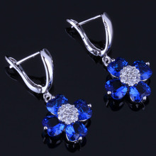Delicate Heart Shaped Blue Cubic Zirconia White CZ Silver Plated Drop Dangle Earrings V0770 2024 - buy cheap