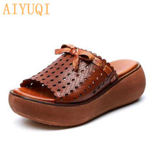 AIYUQI Slippers for women 2021 new women slippers genuine leather platform casual bow retro women slippers open toe sandals shoe 2024 - buy cheap