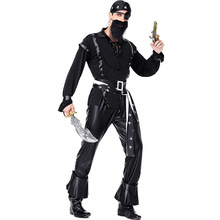 Halloween Costume Man Carnival Cosplay Black PU Bearded One-Eyed Pirate Suit Masquerade Party Show Performance Voyager Costume 2024 - buy cheap