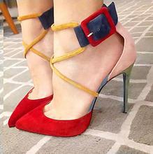 Drop shipping sapatos femininos de camurça sensual, vermelho amarelo azul, gravata cruzada, alça de fivela grande, bico stiletto, saltos de festa, sexy 2024 - compre barato