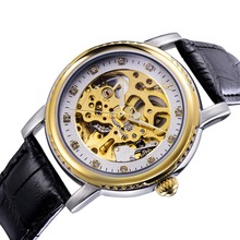 Men Diamond Automatic Watch, Men's Mechanical Watch, Leather Strap Gold Dial Skeleton Watch 2024 - buy cheap
