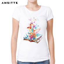 Camiseta creativa con diseño de cómic en acuarela para mujer, blusa con diseño de libro voladora, camiseta Hipster para mujer, Tops Geek de manga corta 2024 - compra barato