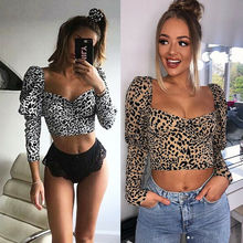 UK 2019 Sexy Women Shirts Square Collar Neck Leopard Tops Long Sleeve Casual Crop Tops Shirt Blouse Femme 2024 - buy cheap