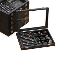 Caja organizadora de joyas de cuero negro PU, organizador de collares, anillo, pendientes, caja de almacenamiento de pulsera con cubierta transparente, accesorios de exhibición 2024 - compra barato