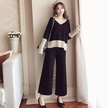 2019 Autumn New Stitching Temperament Knit Tops Wide-leg Pants Goddess Fashion Western Thin Sim Sports Casual Two-piece SuitWF53 2024 - buy cheap