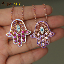 2021 Top Quality Factory Wholesale Pave Purple Red Cubic Zirconia Mother Of Pearl Stone Evil Eye Hamsa Hand Cz Pendant Necklace 2024 - buy cheap