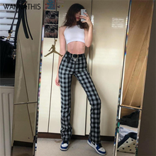 WannaThis High Waist Plaid Straight Pants Women Casual Autumn Summer Trousers Elastic Waist Elegant Fashion 2019 New 2024 - buy cheap